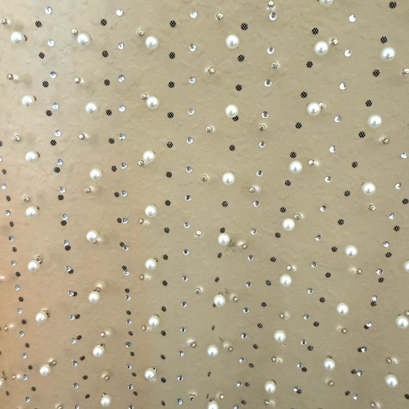 SHEIN Nude Mesh Coverup Mini Dress Pearls Rhinestones Long Sleeves Scoop Neck XL - Picture 4 of 5